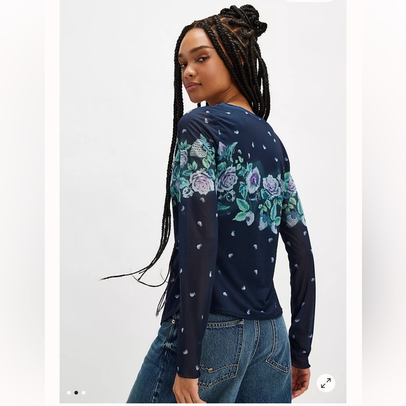 Free People Home Grown Mesh Cardi- Navy Floral - Picture 2 of 3